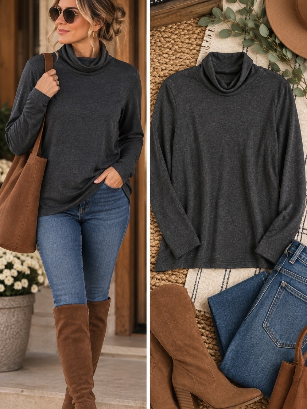 Chico's Charcoal Gray Cowl Neck Long Sleeve Top Sz 1 Timeless Luxury Basic Fall